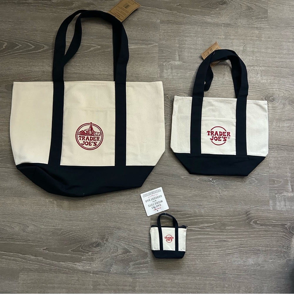 Set of 3 New Trader Joe’s Canvas Blue Tote Bags Original, Mini and Micro